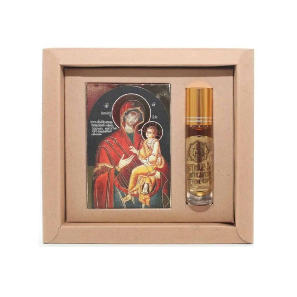 Ikone der Jungfrau Maria und des Berges Athos Myrrhe